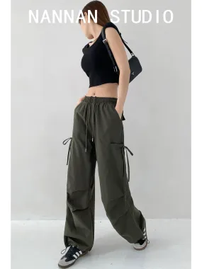 100% comfortable/loose pinch-pleated straight-leg two-wear wide-leg pants for women, casual American style side pocket overalls