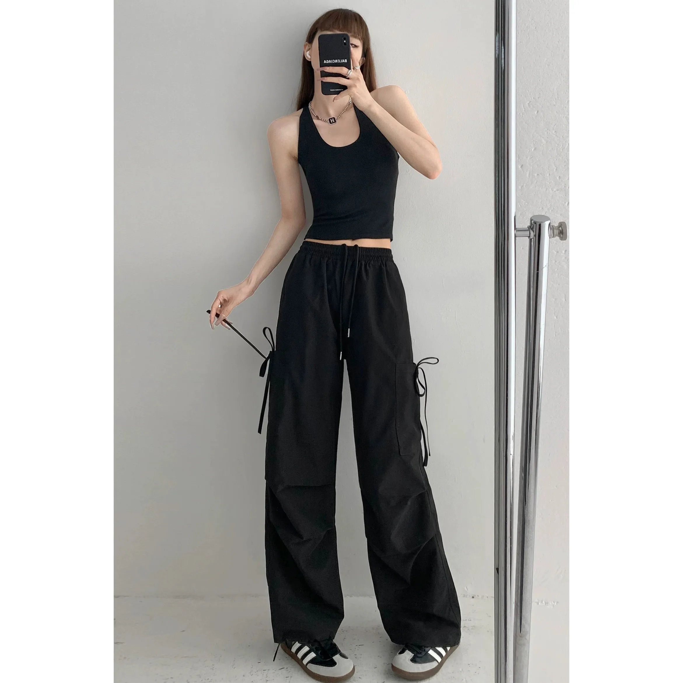 100% comfortable/loose pinch-pleated straight-leg two-wear wide-leg pants for women, casual American style side pocket overalls