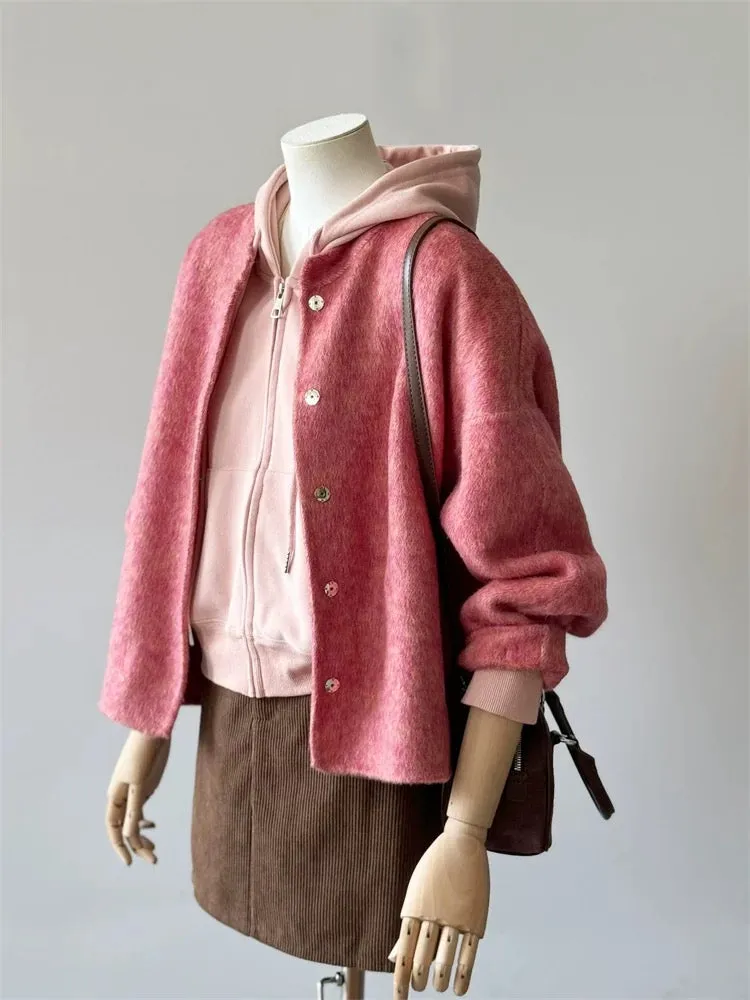 2024 new hot style small temperament, high-end and super good-looking pink short woolen coat for women in autumn and winter