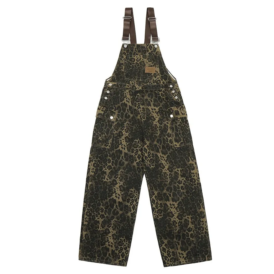 Animal Instincts Leopard Print Denim Overalls