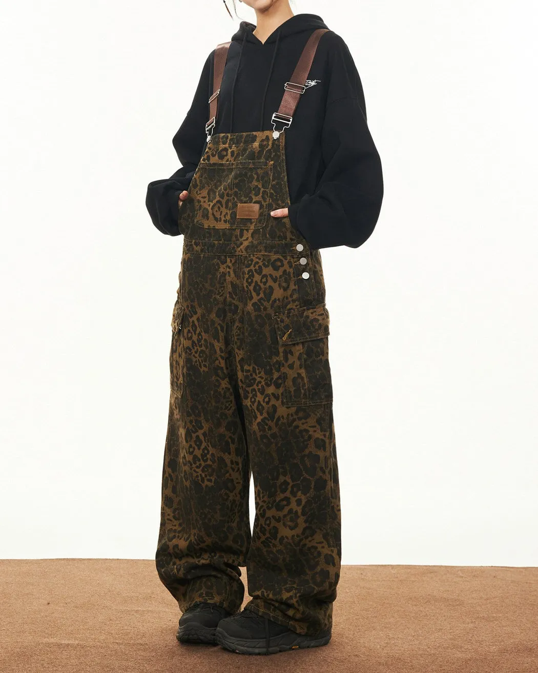 Animal Instincts Leopard Print Denim Overalls