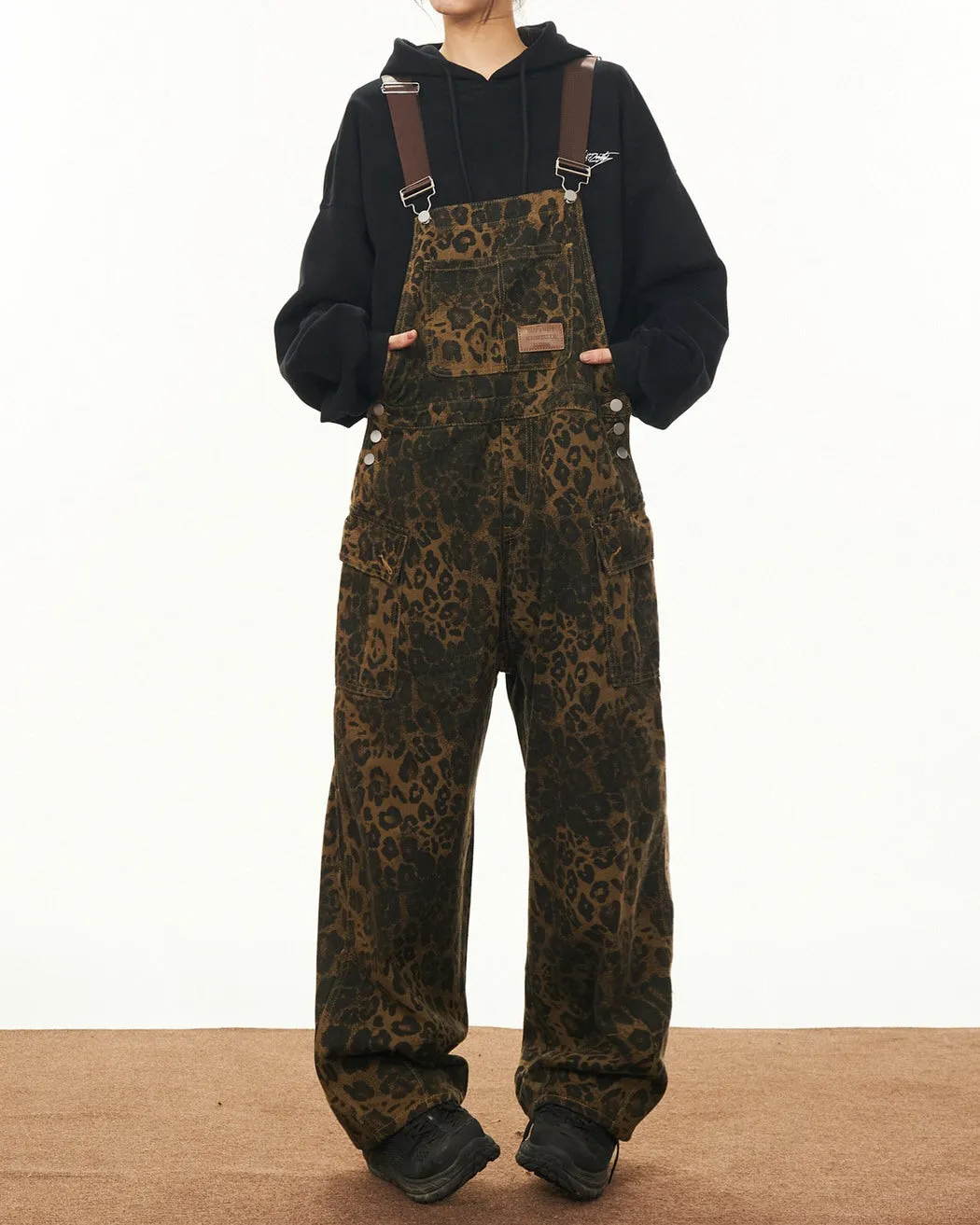 Animal Instincts Leopard Print Denim Overalls