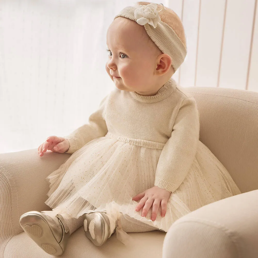 Baby Girls Beige & Gold Dot Tulle Dress