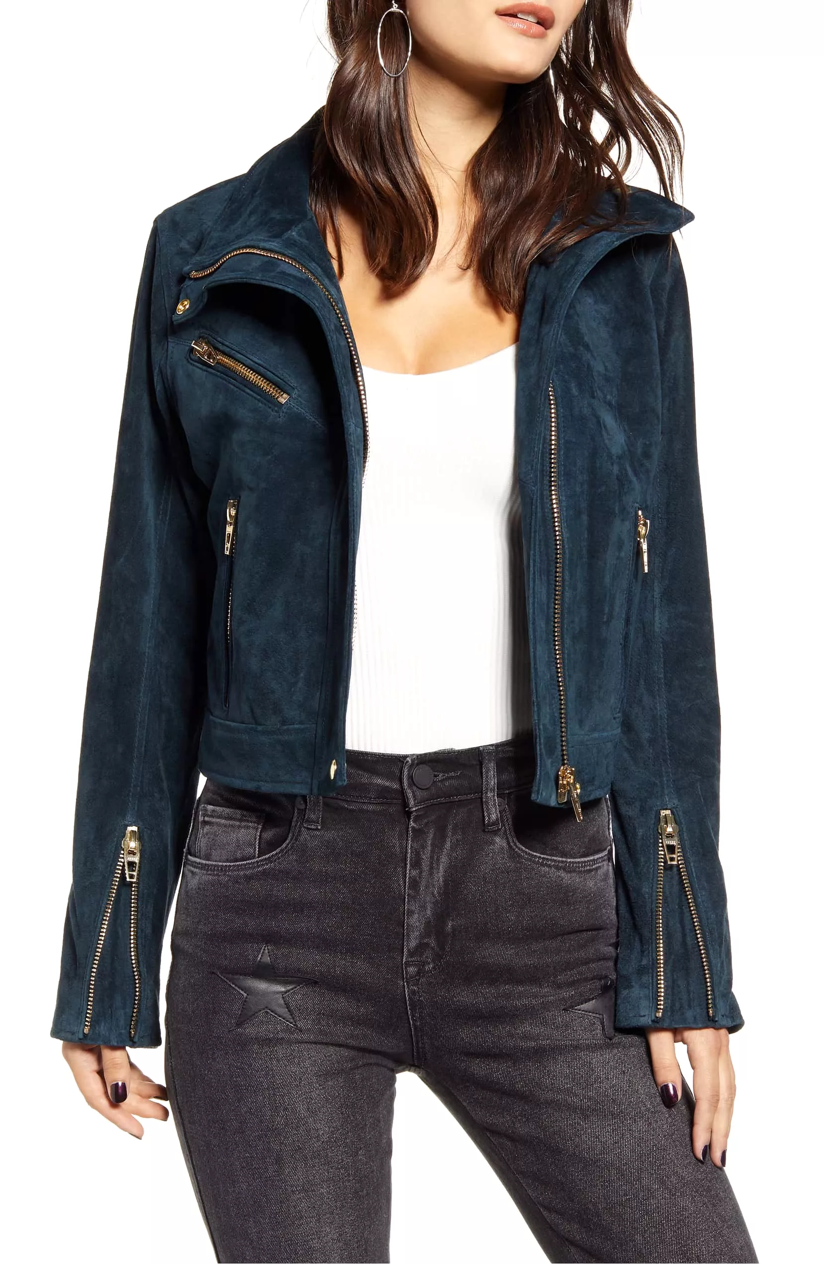 Blank NYC Suede Moto Jacket Galactic Teal