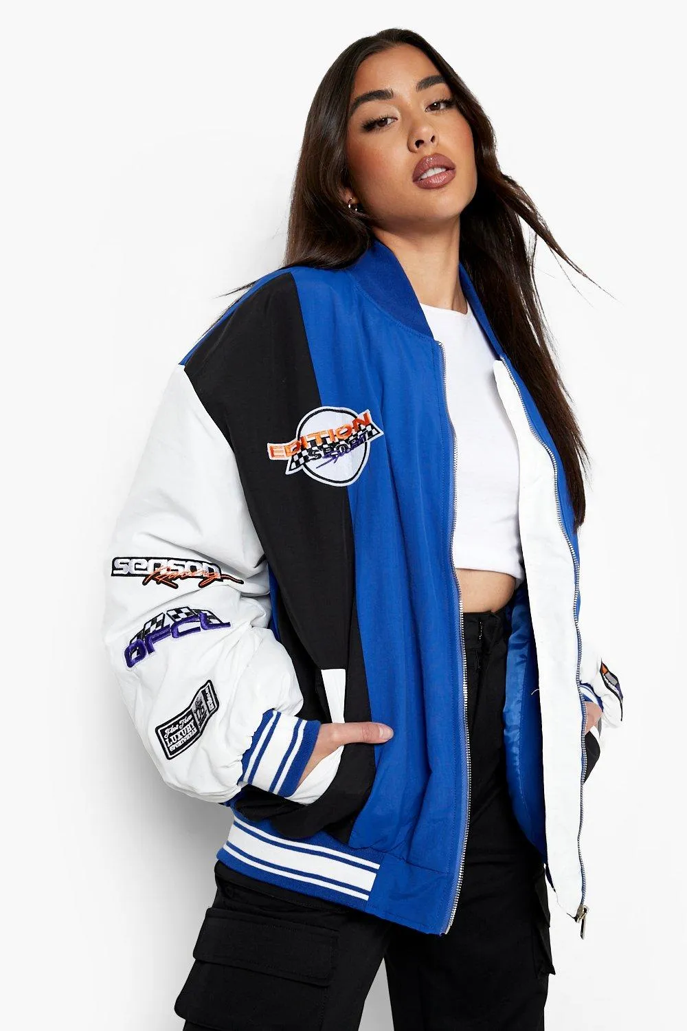 Blue Paneled Varsity Jacket