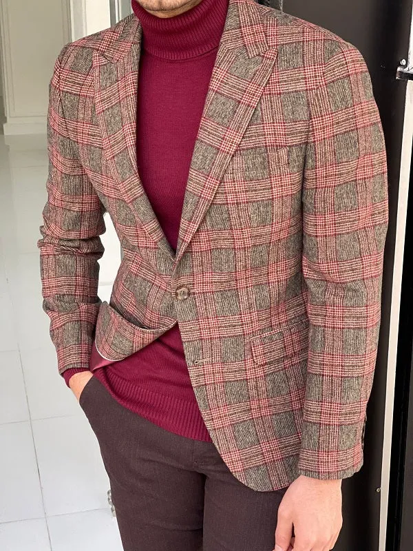 Bojo Burgundy Slim Fit Peak Lapel Wool Plaid Blazer