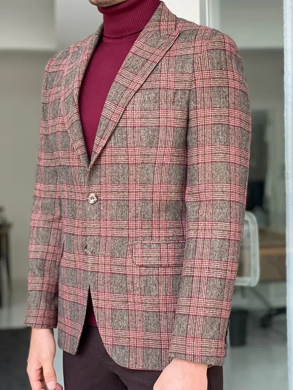 Bojo Burgundy Slim Fit Peak Lapel Wool Plaid Blazer