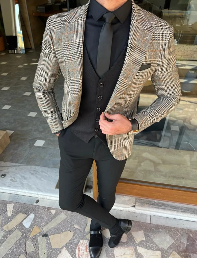 Bojoni Morton Beige Slim Fit Plaid Blazer