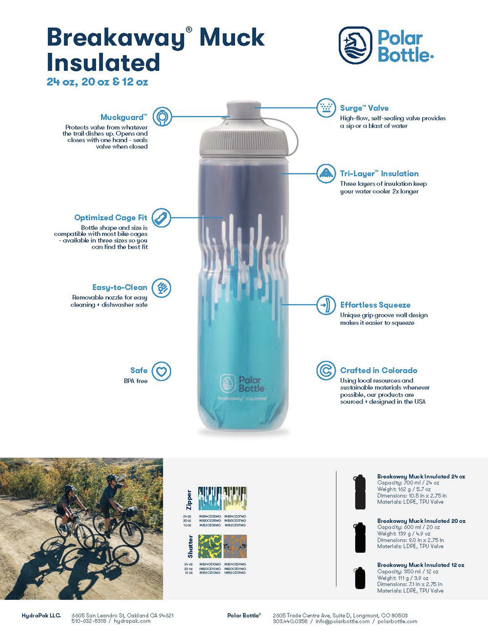 Breakaway Muck Insulated Cyclist Mountain Bikers Water Bottle 24 oz by Polar Bottle Made in USA