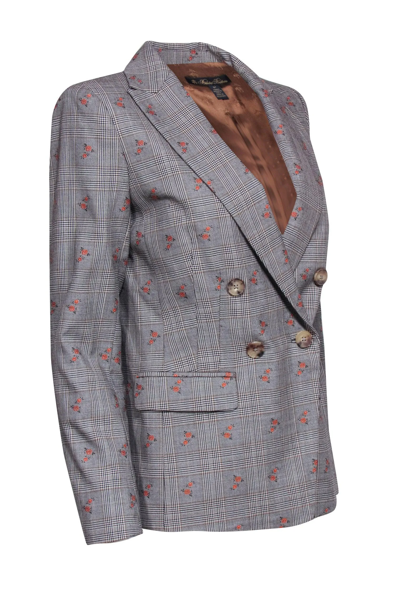 Brooks Brothers - Grey Plaid Cotton & Wool Double Breasted Blazer w/ Orange Flowers Sz 8