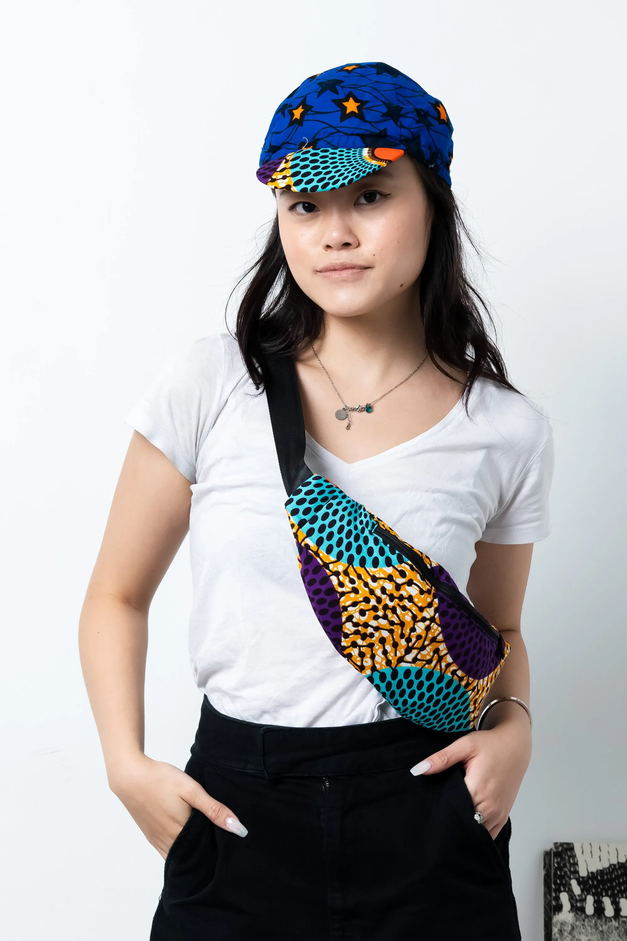 Colorful cycling cap - Blue Purple and Orange African Ankara Wax Cotton Print - 4