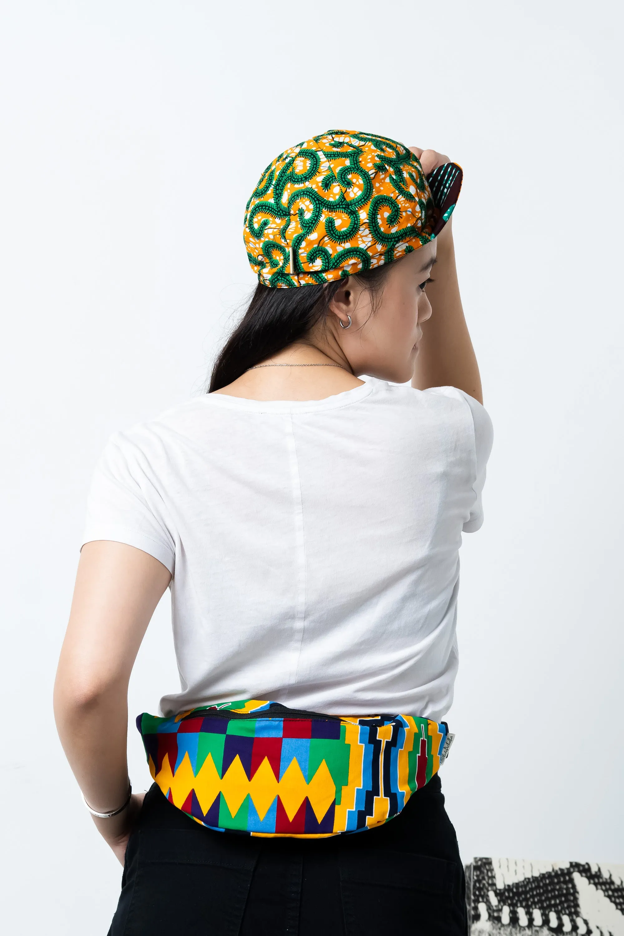 Colorful cycling cap - Green Orange and White African Ankara Wax Cotton Print - 11