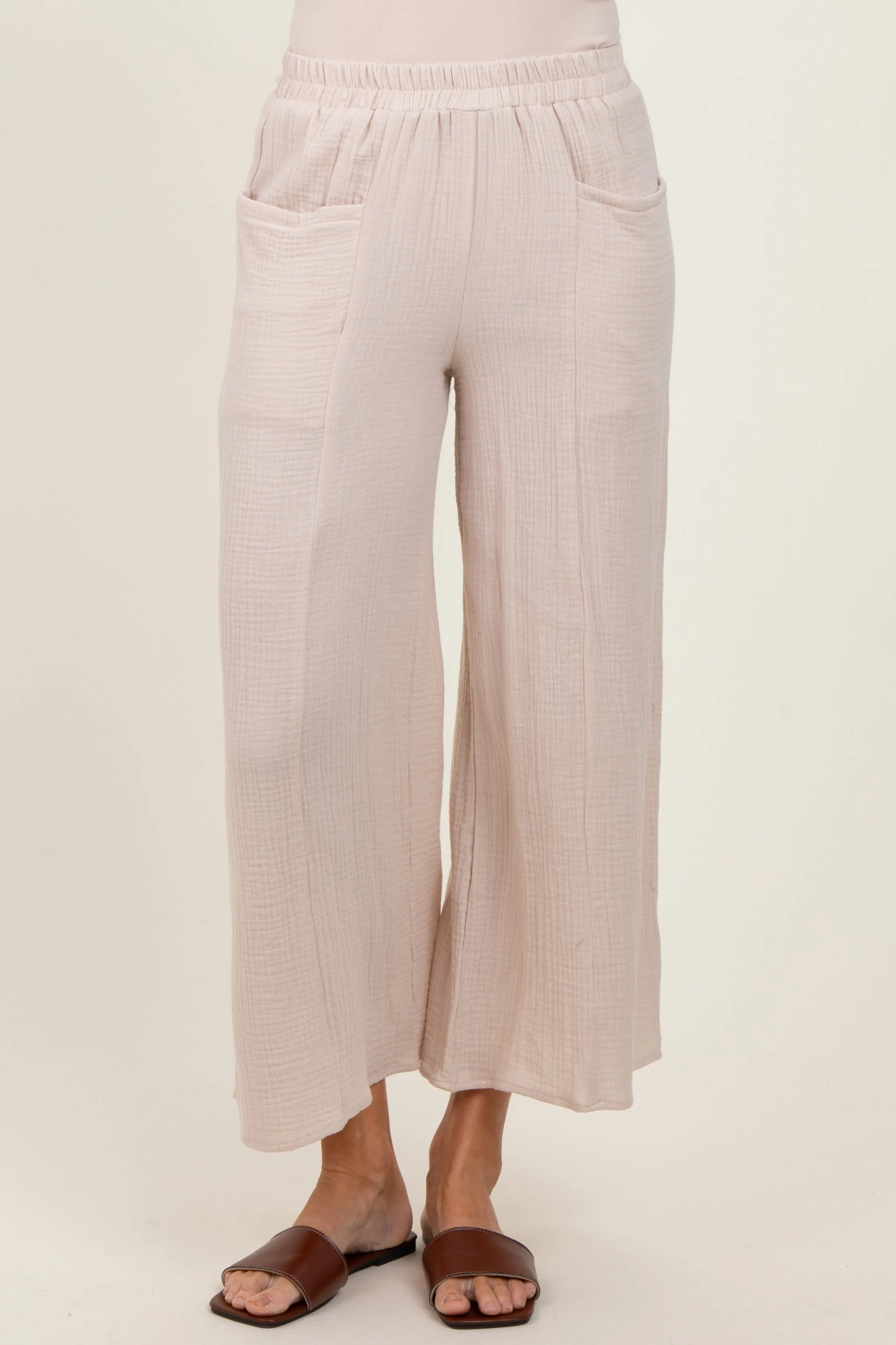 Cream Cotton Gauze Wide Leg Pants