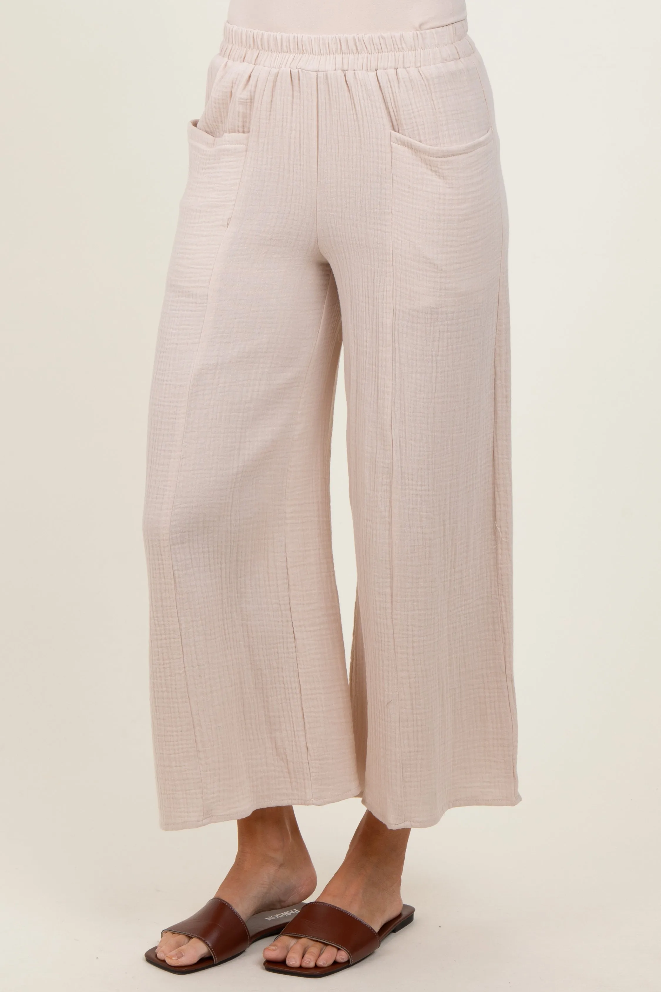 Cream Cotton Gauze Wide Leg Pants