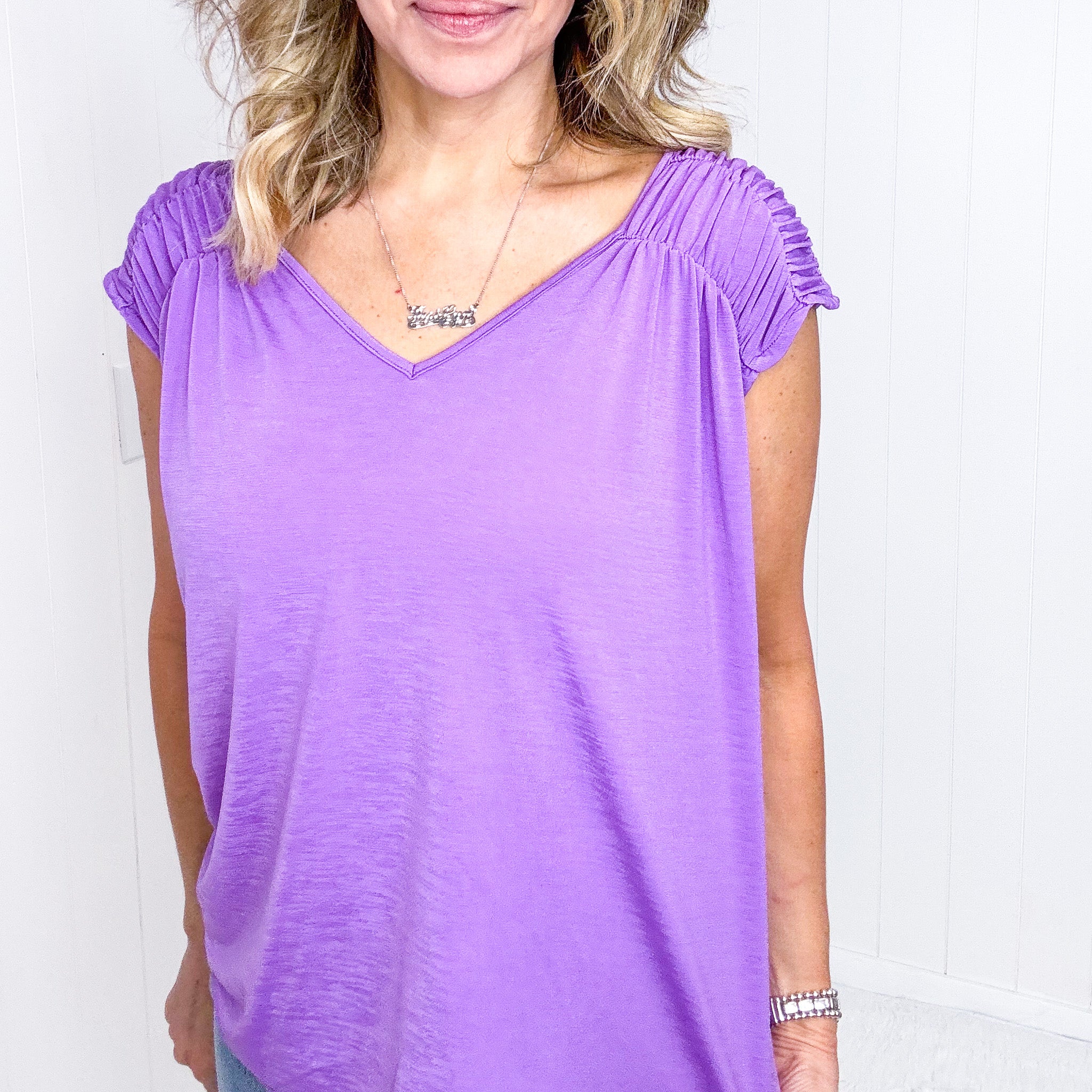 Dear Scarlett Ruched Cap Sleeve Top in Lavender