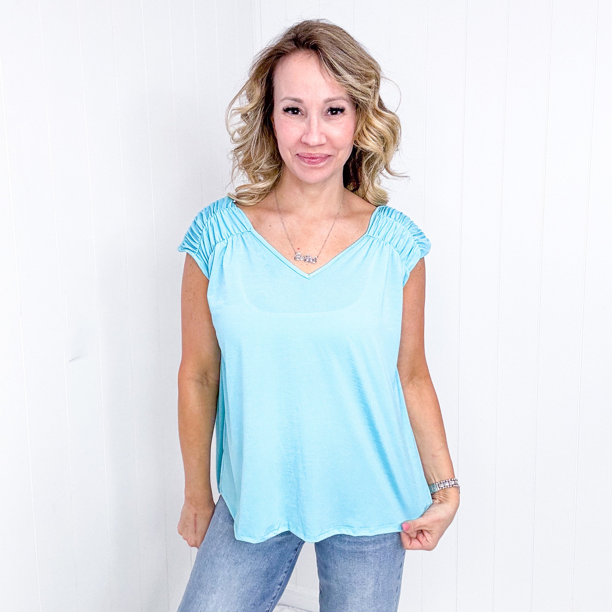 Dear Scarlett Ruched Cap Sleeve Top in Neon Blue