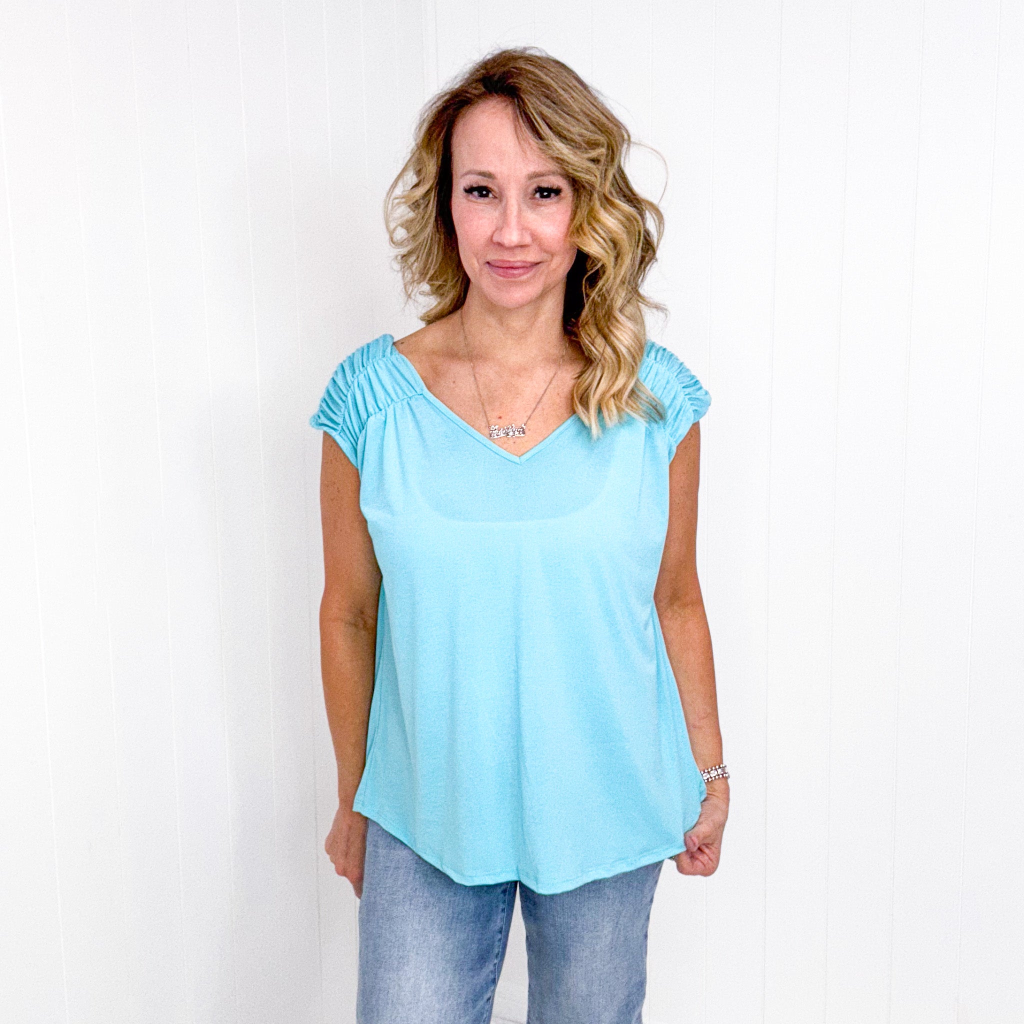 Dear Scarlett Ruched Cap Sleeve Top in Neon Blue