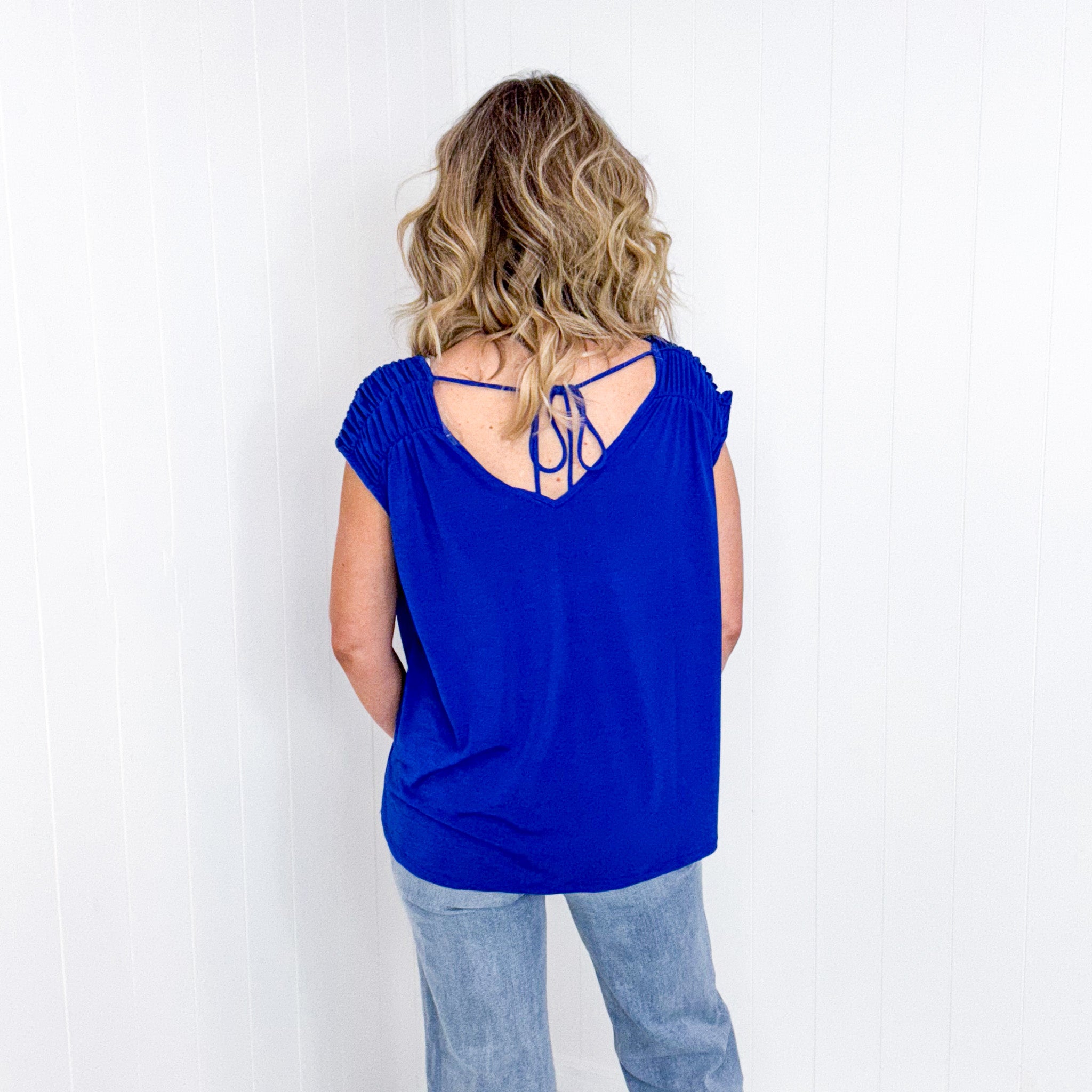 Dear Scarlett Ruched Cap Sleeve Top in Royal Blue