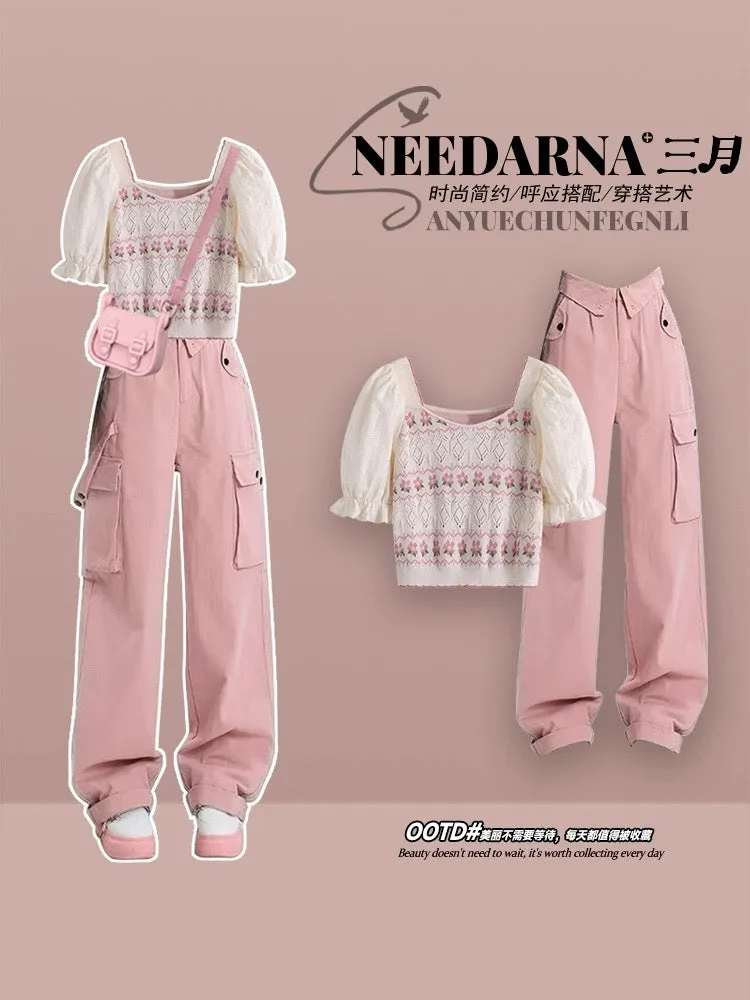 Dopamine bombing street age-reducing overalls two-piece summer female pink suit high-end unique top super nice