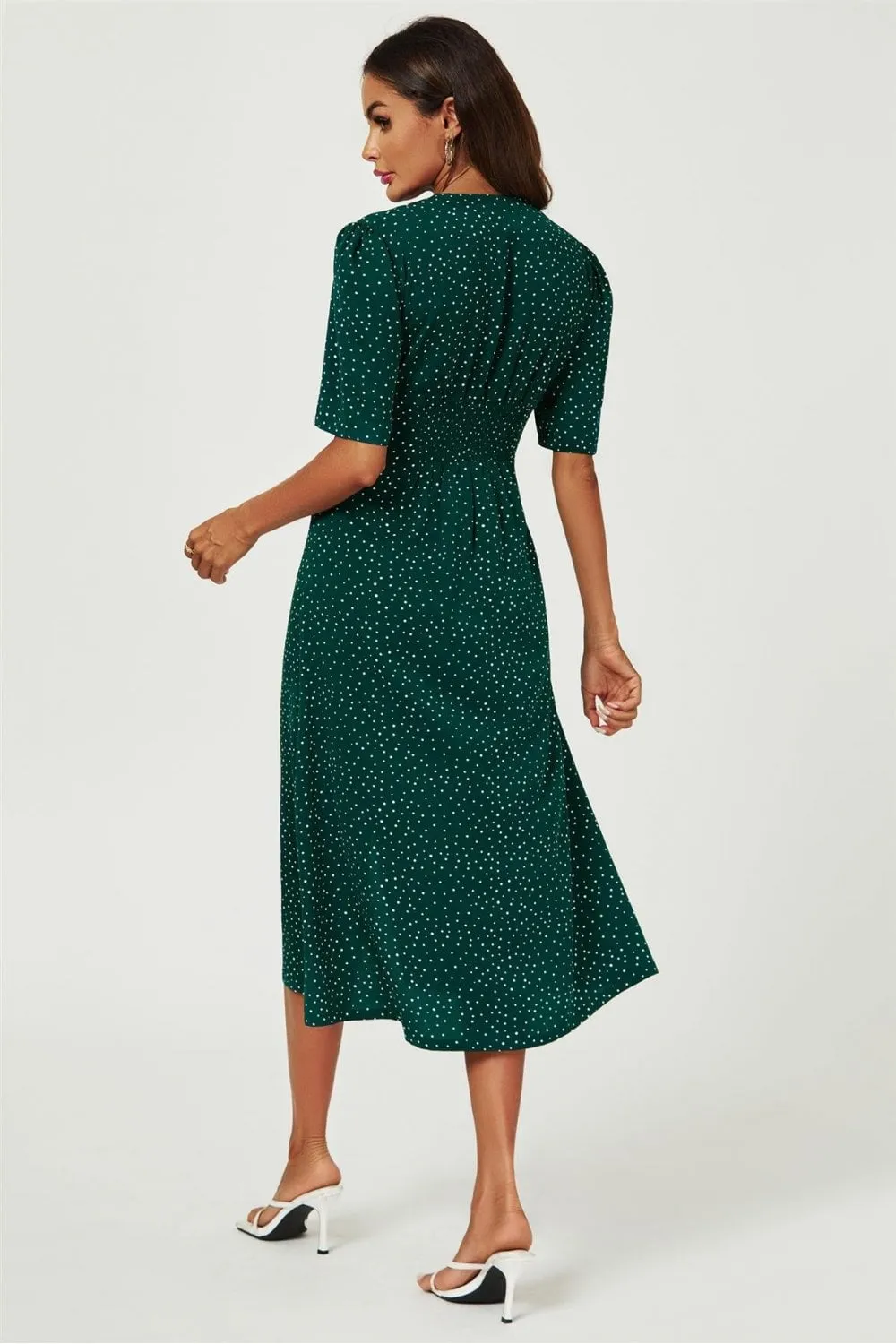 Dot Print Button Front Midi Dress In Green