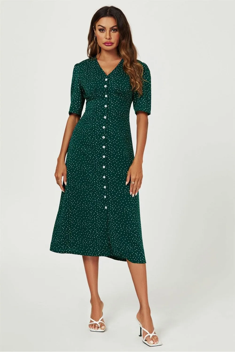 Dot Print Button Front Midi Dress In Green