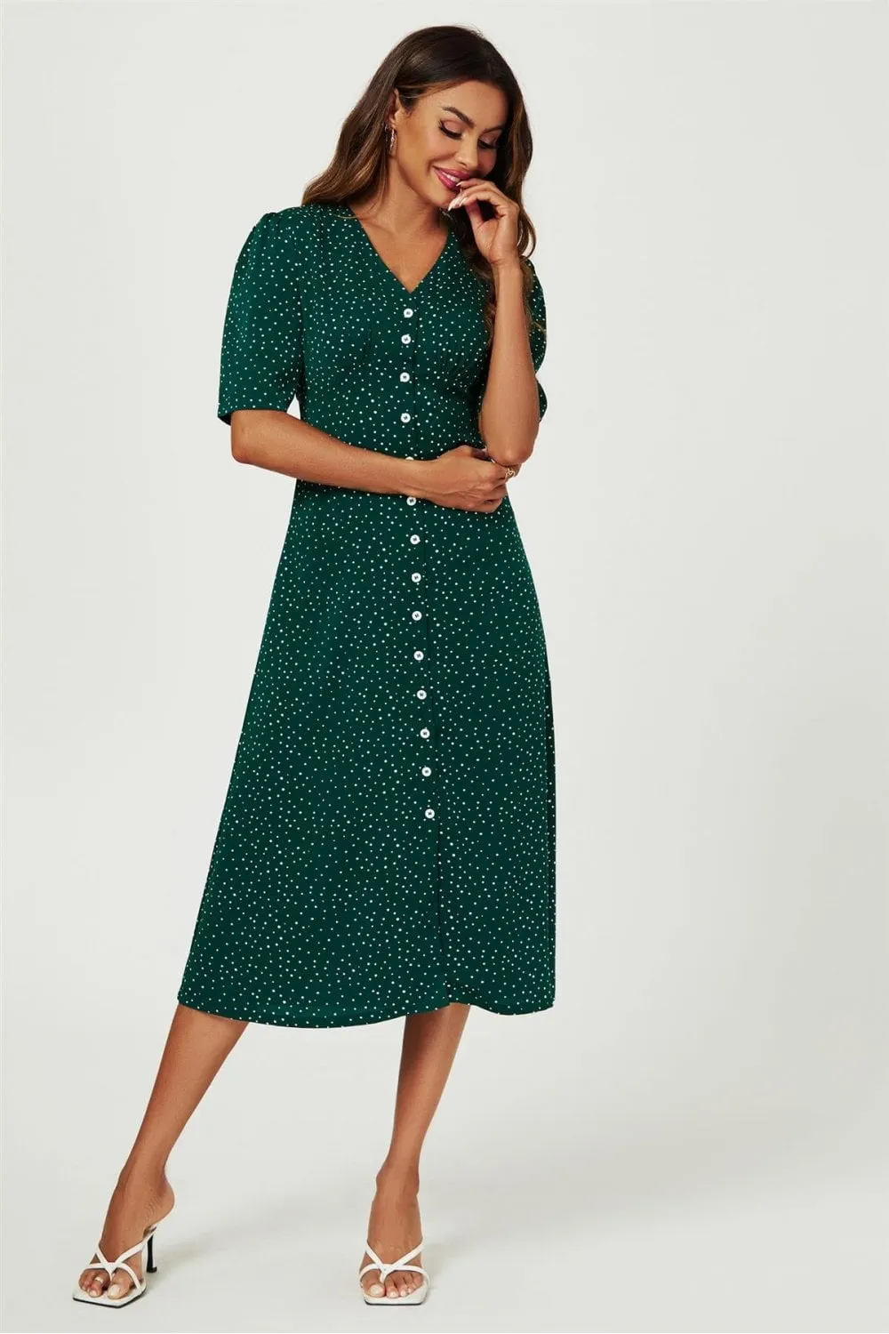 Dot Print Button Front Midi Dress In Green