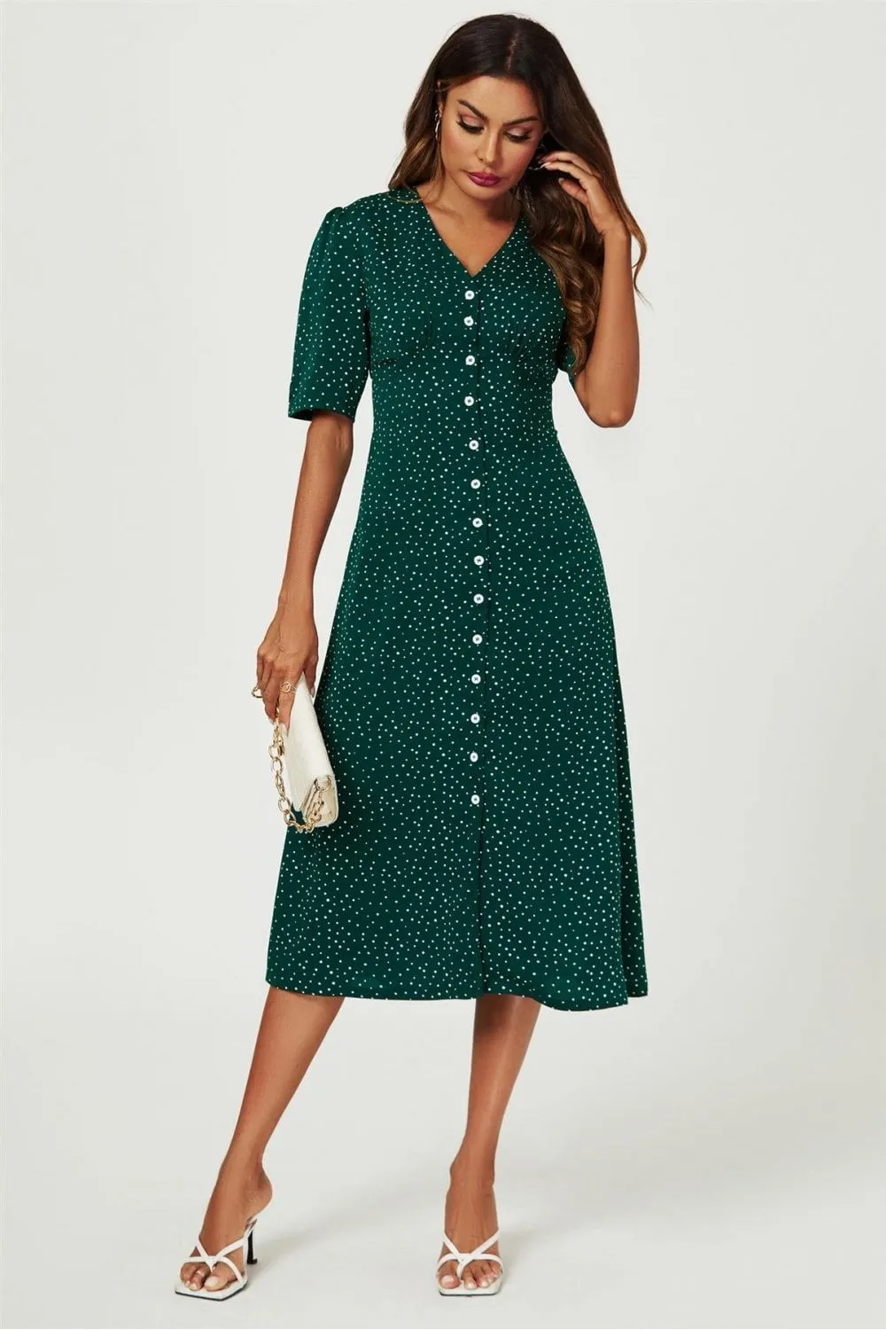 Dot Print Button Front Midi Dress In Green