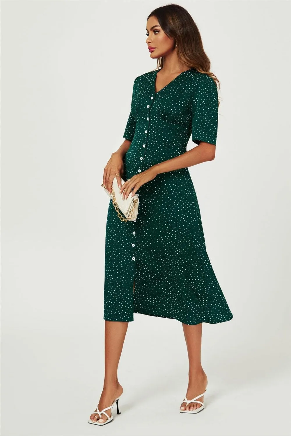 Dot Print Button Front Midi Dress In Green