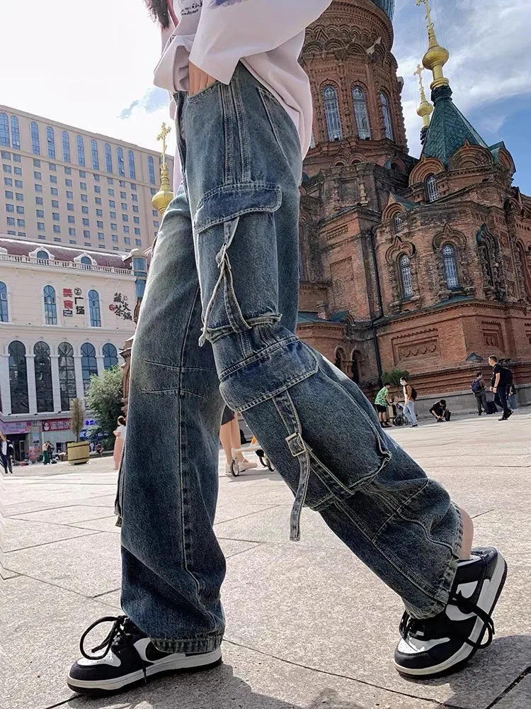 Earth Store American retro multi-pocket casual overalls for women spring and autumn new design low-waist wide-leg jeans