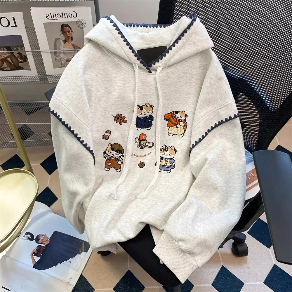 European goods stylish contrast color embroidered cat hoodie sweatshirt men and women spring and autumn sweet and cute small top