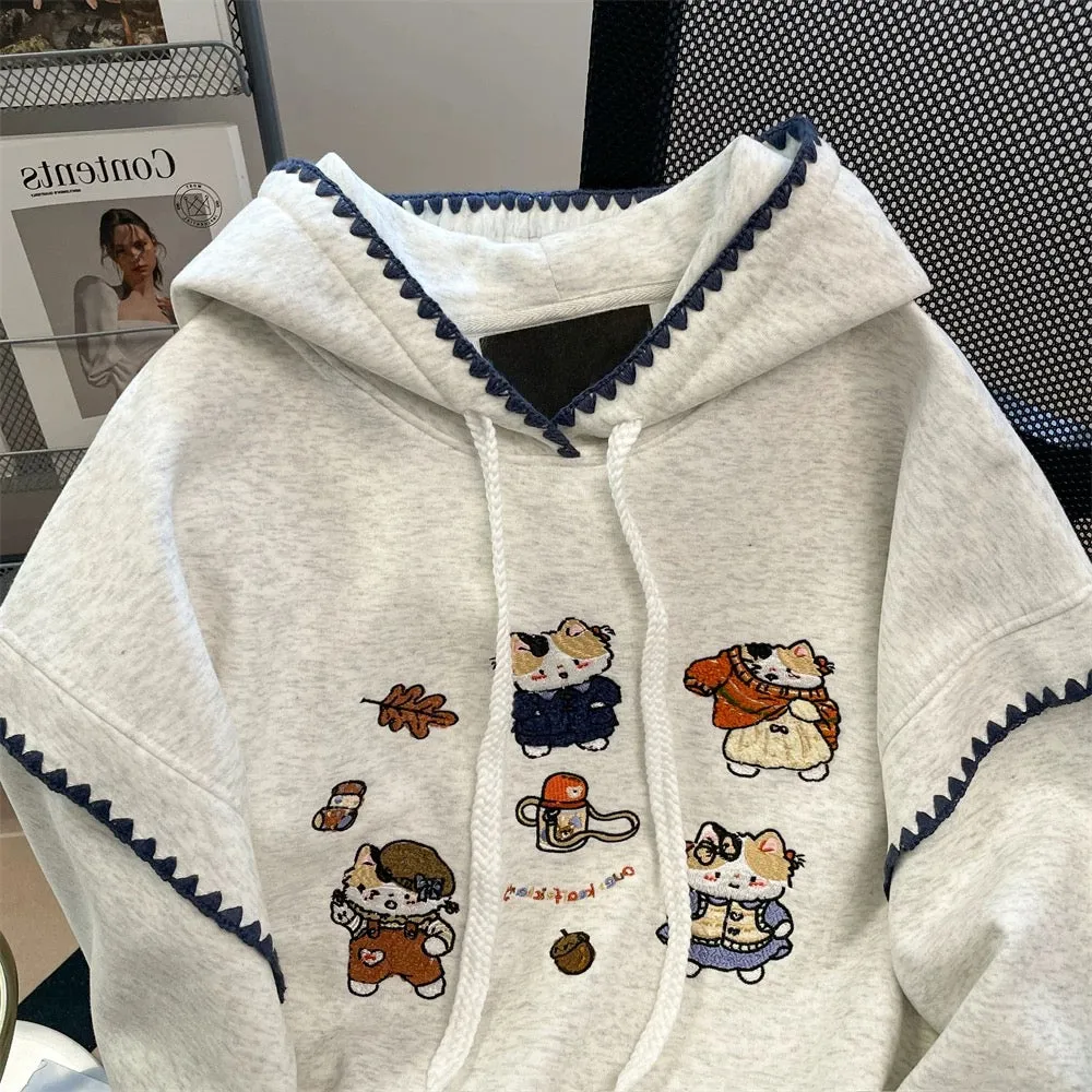 European goods stylish contrast color embroidered cat hoodie sweatshirt men and women spring and autumn sweet and cute small top