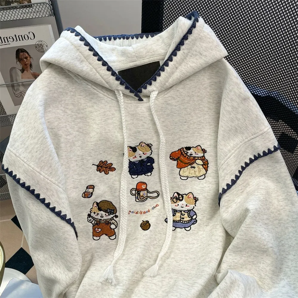 European goods stylish contrast color embroidered cat hoodie sweatshirt men and women spring and autumn sweet and cute small top