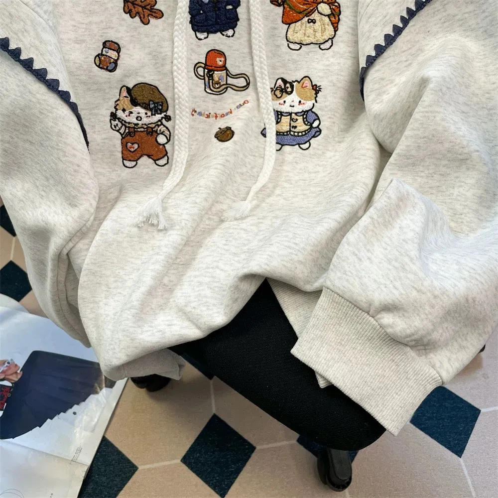 European goods stylish contrast color embroidered cat hoodie sweatshirt men and women spring and autumn sweet and cute small top