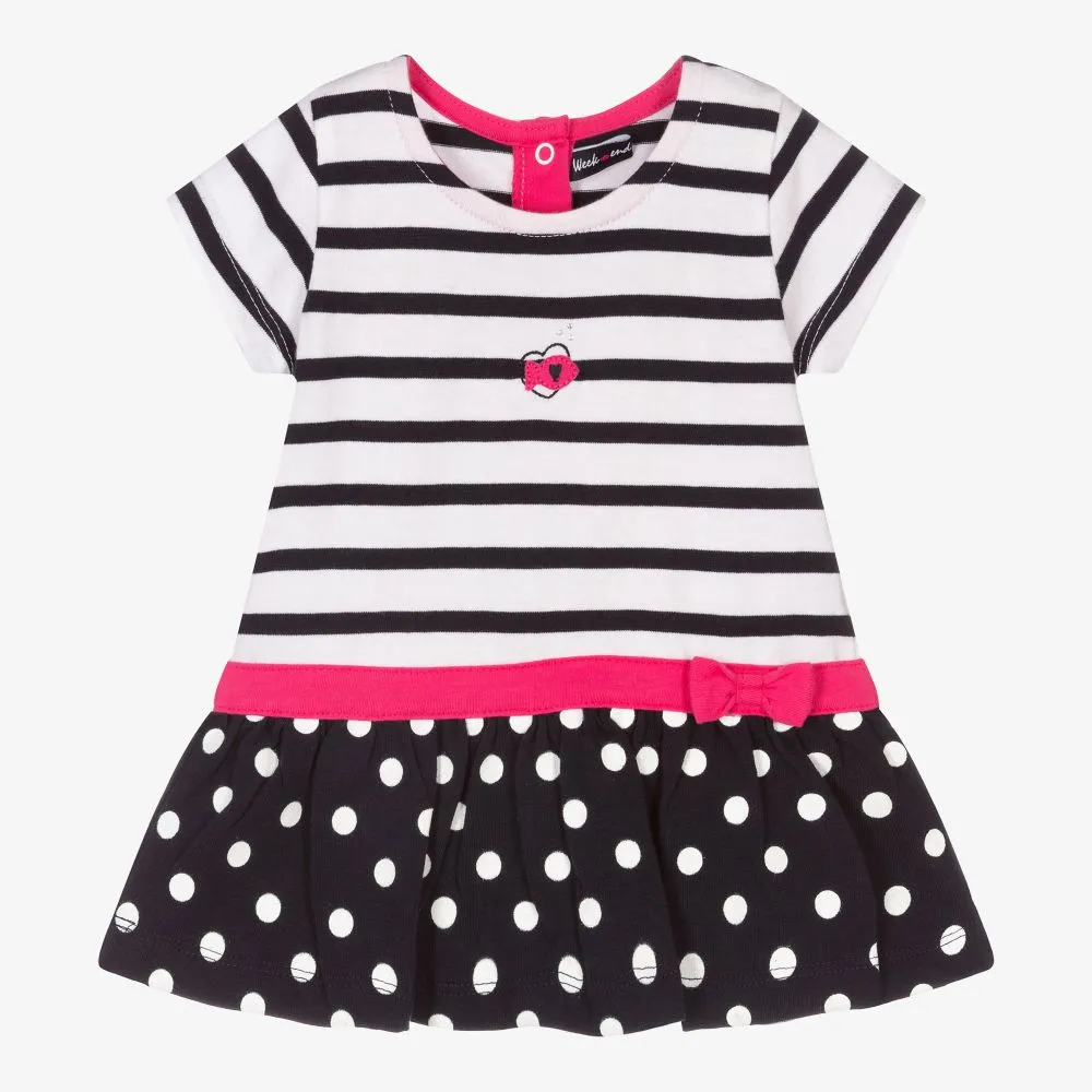 Girls Blue Stripe & Dot Dress