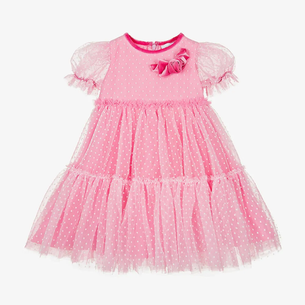 Girls Pink & White Polka Dot Tulle Dress