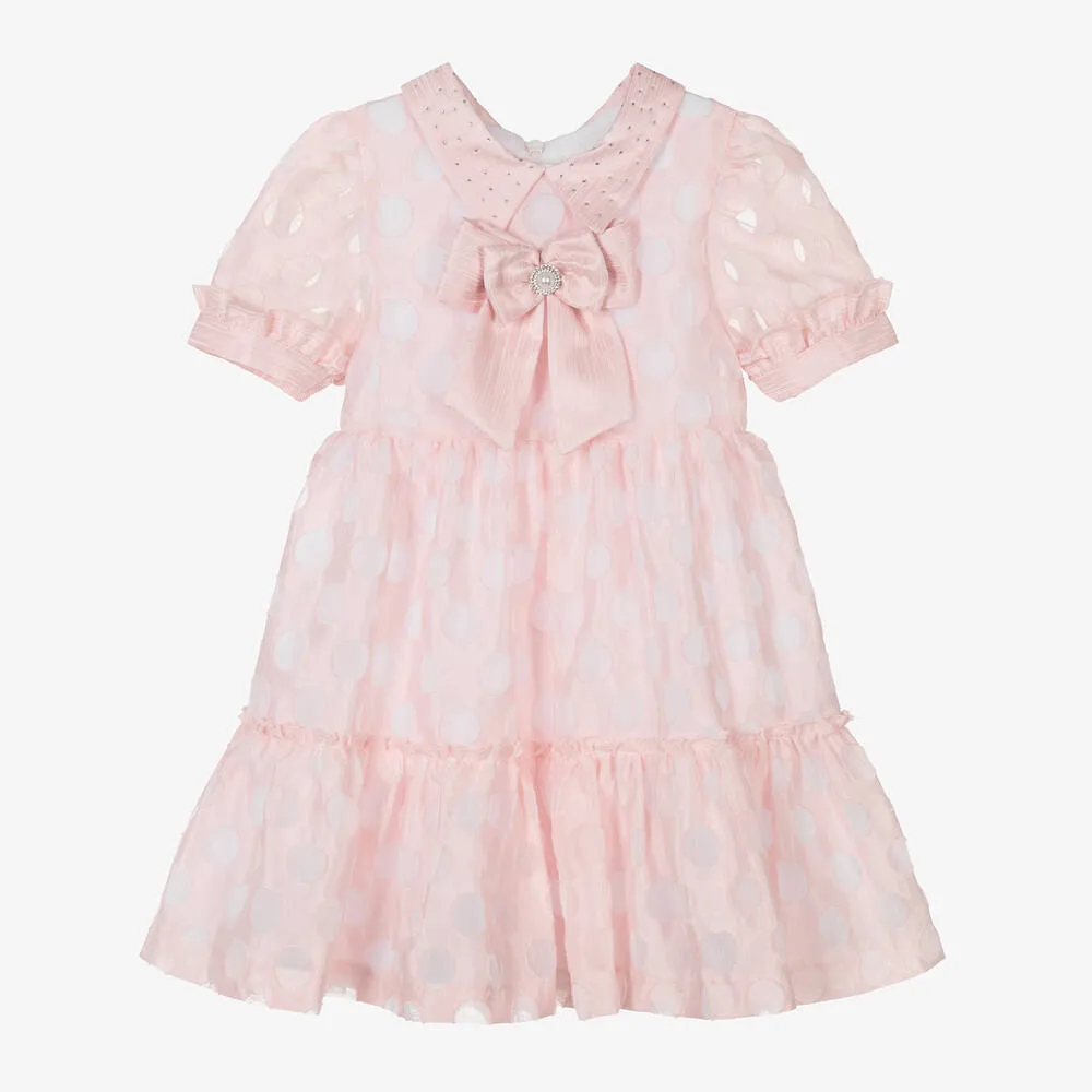 Girls Pink Collared Polka Dot Dress