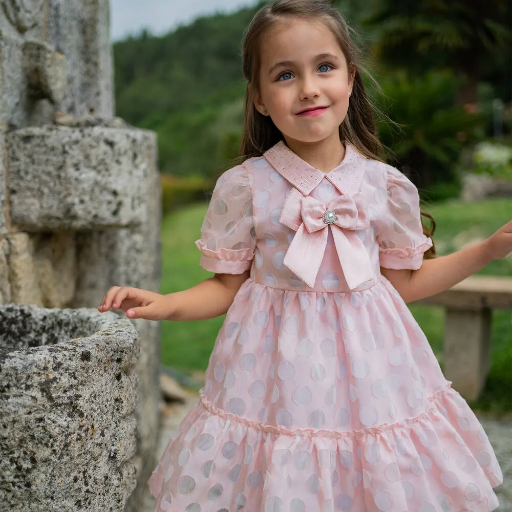 Girls Pink Collared Polka Dot Dress