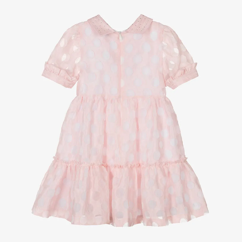 Girls Pink Collared Polka Dot Dress