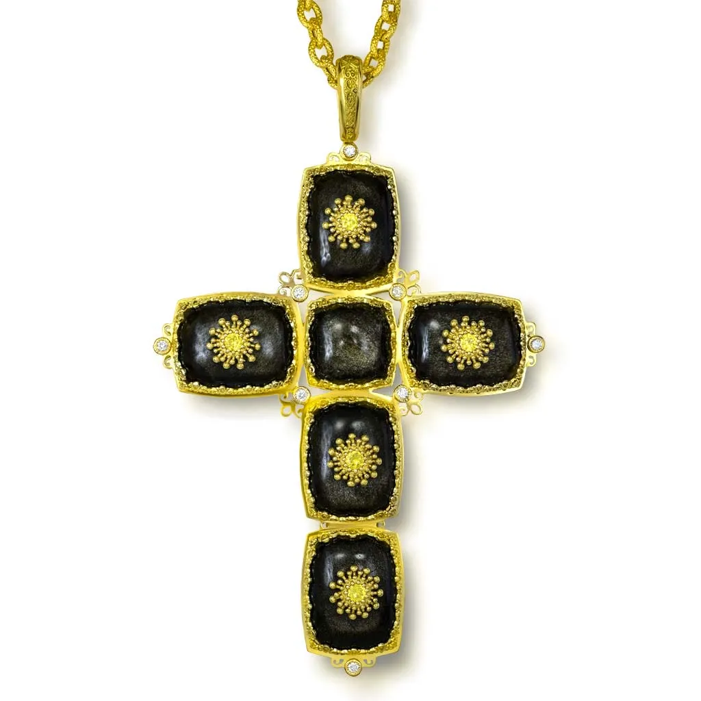 Gold Grand Cross Pendant Necklace with Obsidian