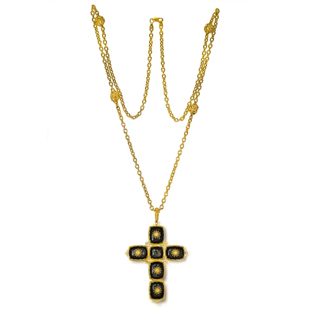 Gold Grand Cross Pendant Necklace with Obsidian