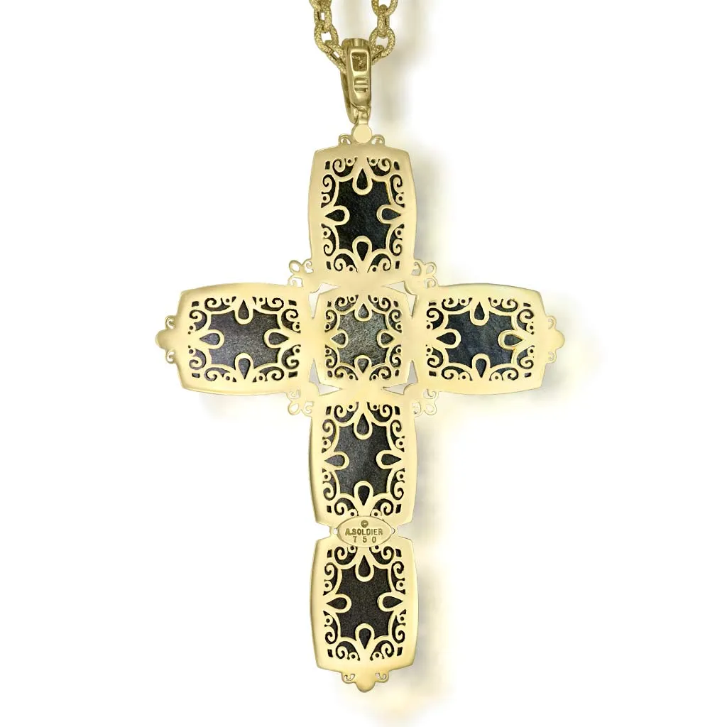 Gold Grand Cross Pendant Necklace with Obsidian