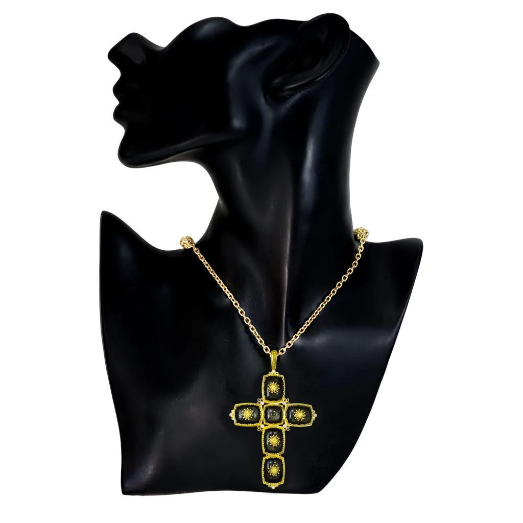 Gold Grand Cross Pendant Necklace with Obsidian