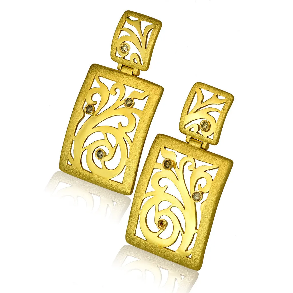 Gold Ornament Contrast Texture Drop Earrings & Diamonds