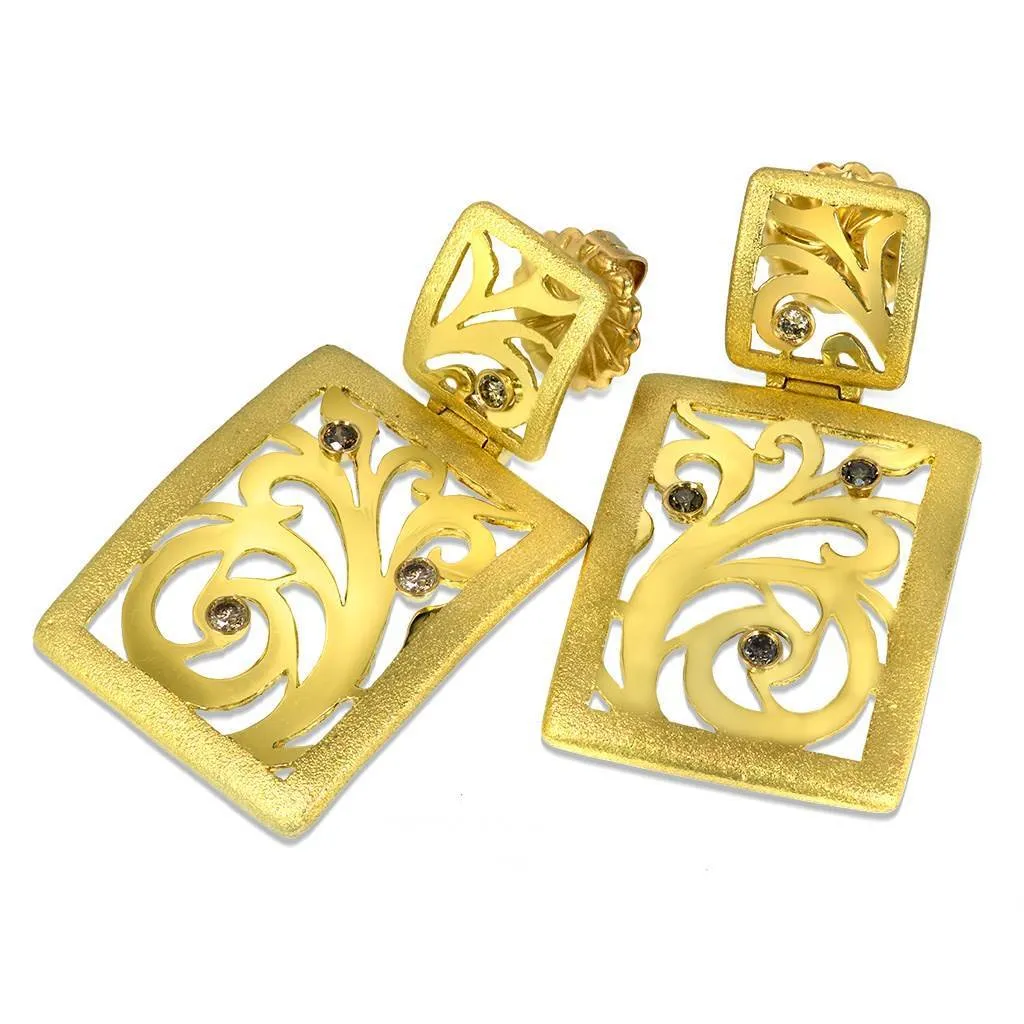 Gold Ornament Contrast Texture Drop Earrings & Diamonds