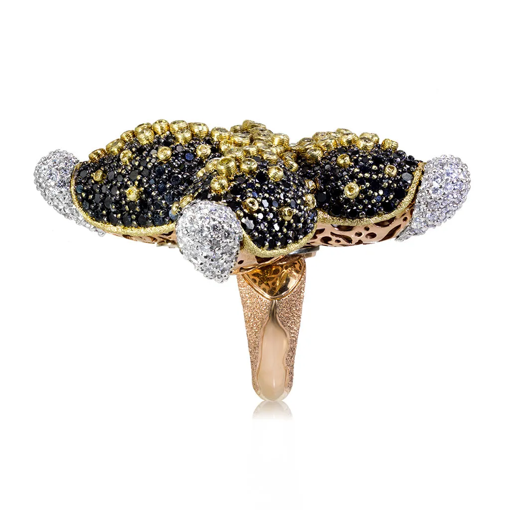 Gold Starfish Ring with Black Diamonds and Sapphires