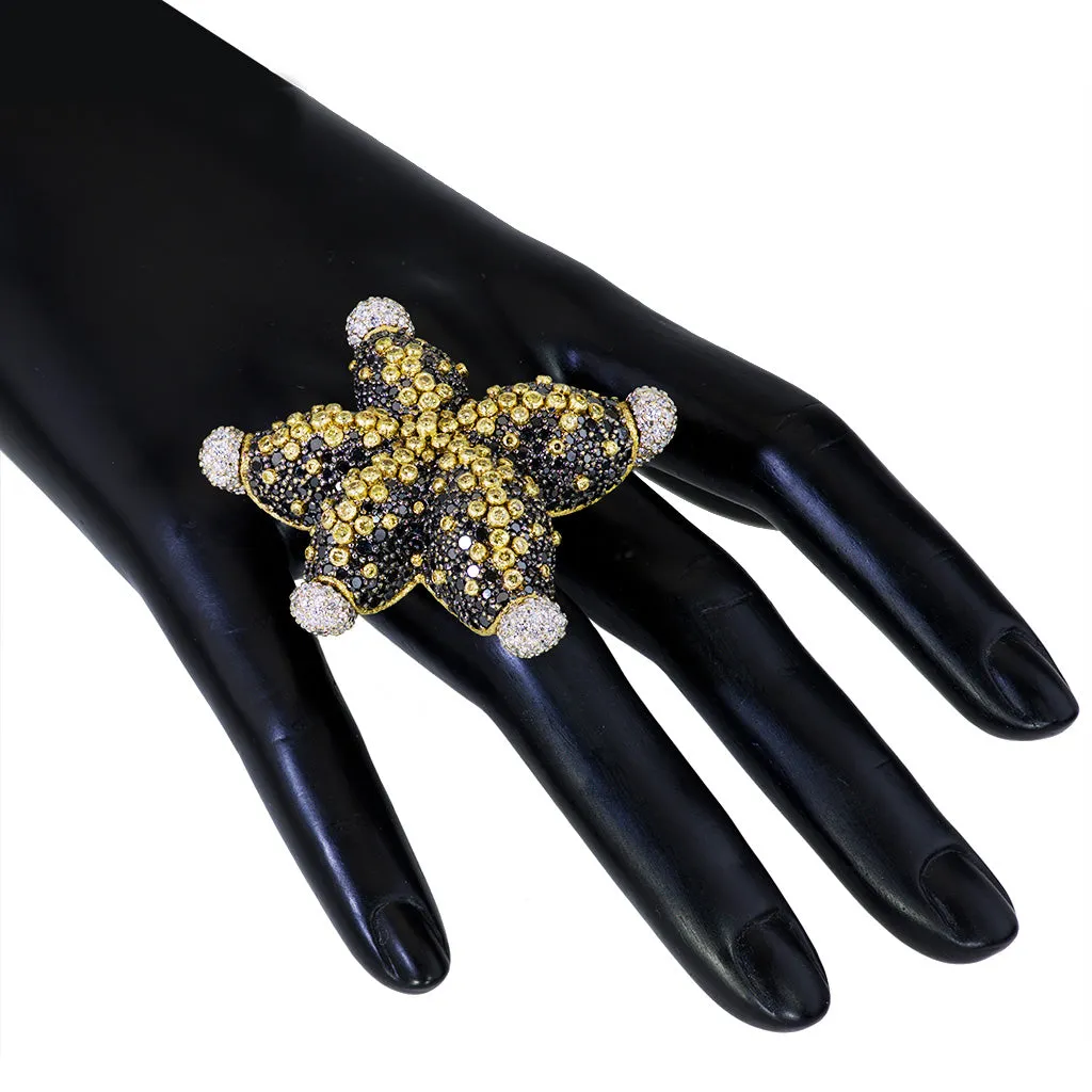 Gold Starfish Ring with Black Diamonds and Sapphires