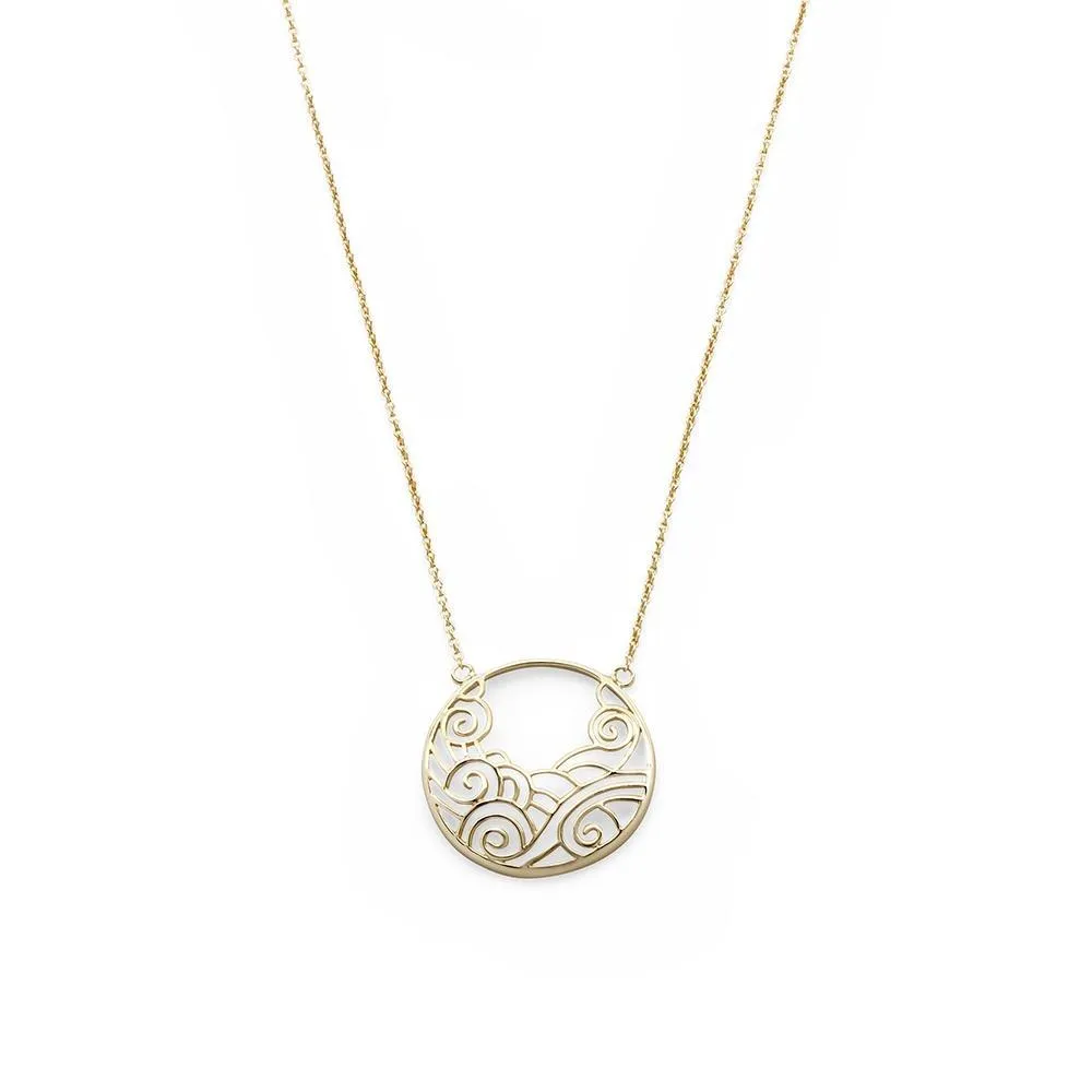 Gold Tone Necklace Waves Circle Pendant