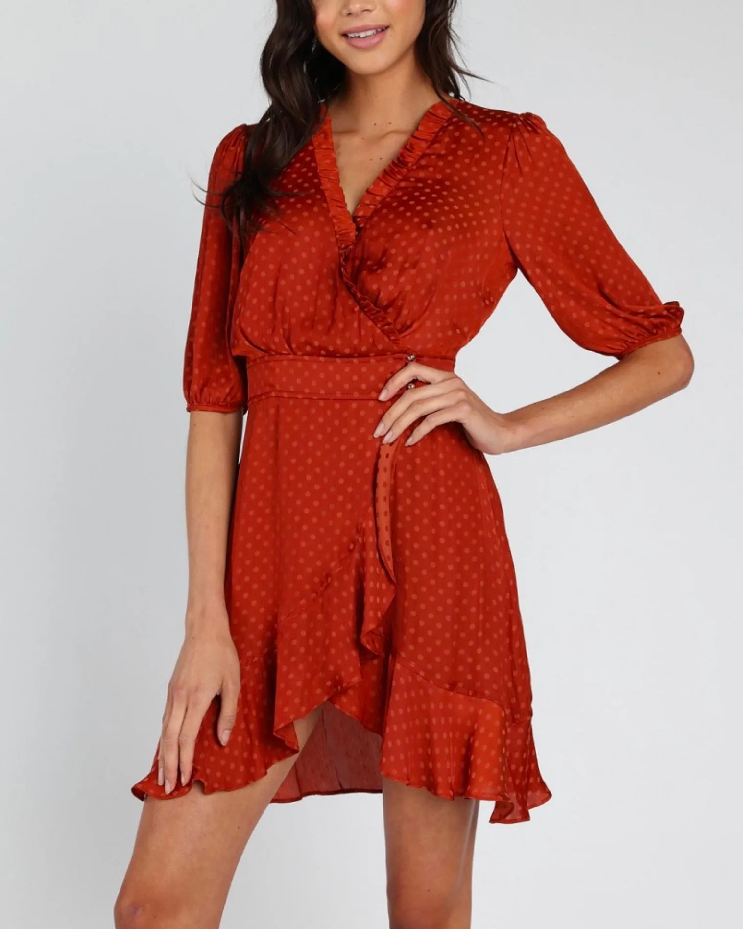 Honey Punch - Mariposa Monochromatic Polka Dot Print Wrap Dress - Rust