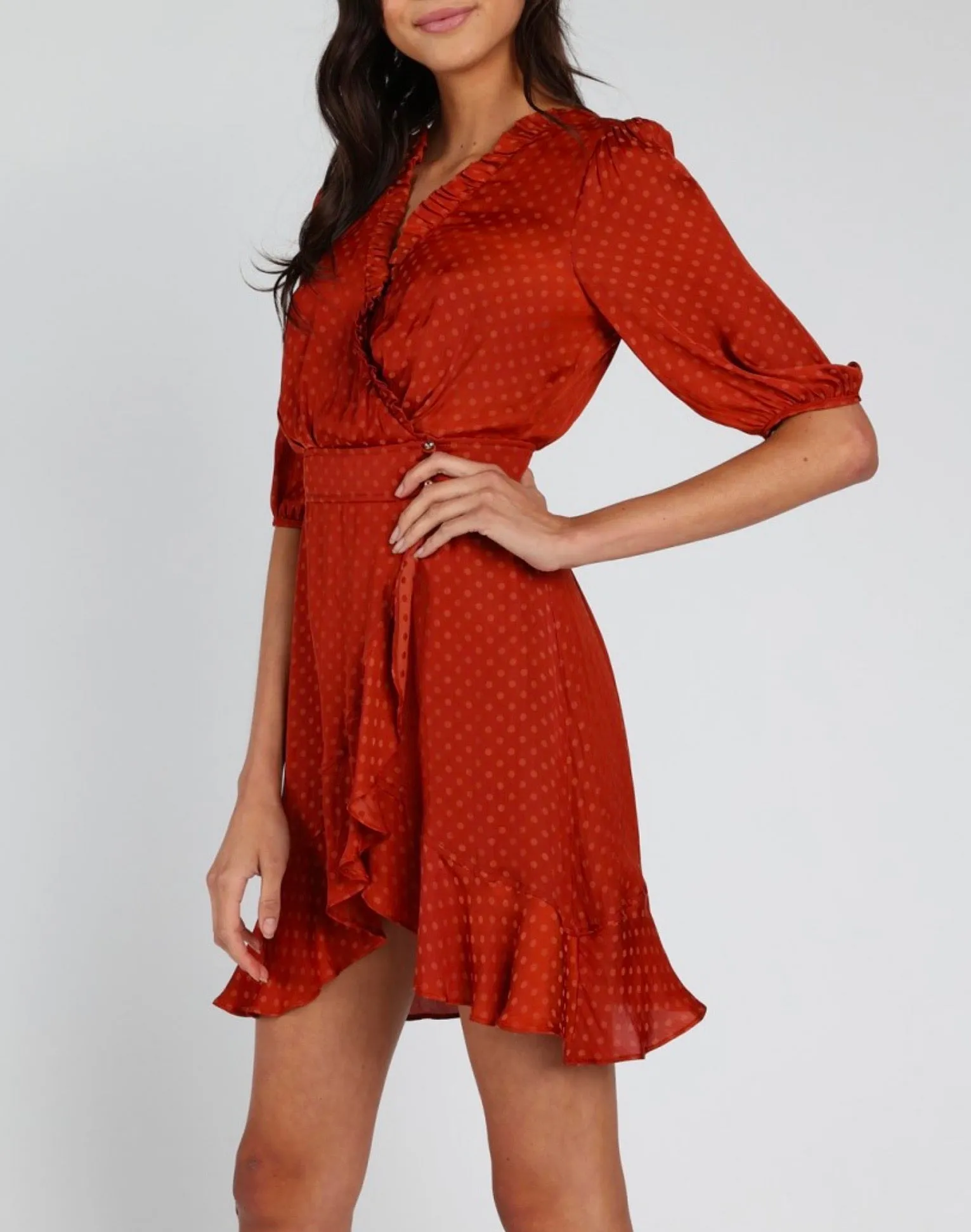 Honey Punch - Mariposa Monochromatic Polka Dot Print Wrap Dress - Rust