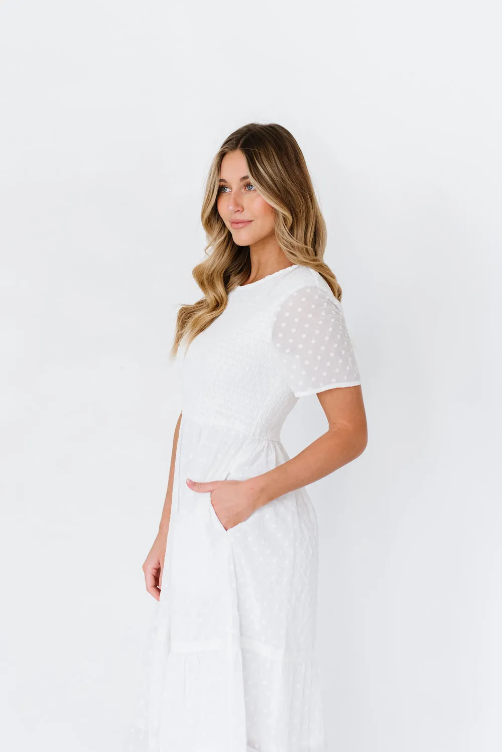 Isla Dot White Midi Dress